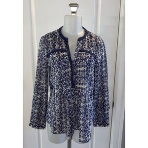Maeve Anthropologie Pintuck Top Women's‎ Size 10/L Blue Floral Sheer Long Sleeve